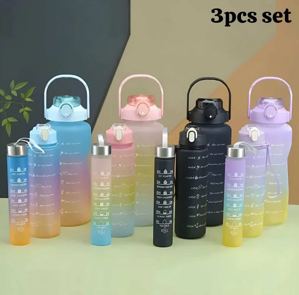 3-Piece Motivational Sports Water Bottle Set – 2000ml, 850ml & 350ml – Leak-Proof Fitness Bottles for Gym, School & Travel (Random Color)