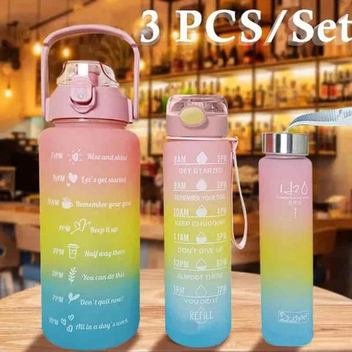 3-Piece Motivational Sports Water Bottle Set – 2000ml, 850ml & 350ml – Leak-Proof Fitness Bottles for Gym, School & Travel (Random Color)