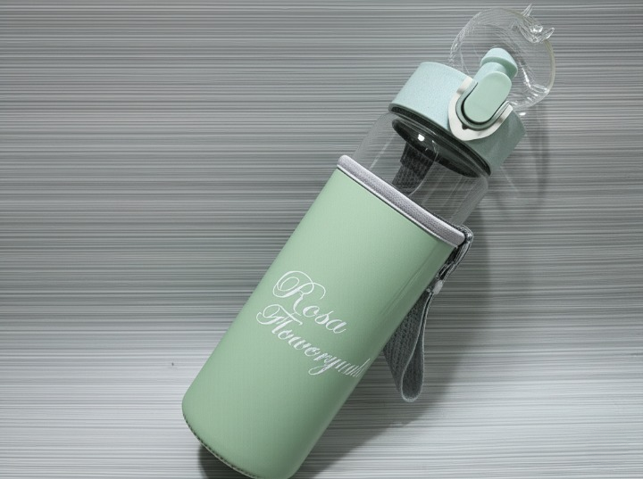 Rosa Flowery Glass Water Bottle – 300ml with Protective Sleeve & Flip-Top Cap | Leak-Proof Reusable Bottle (Green & Lilac)