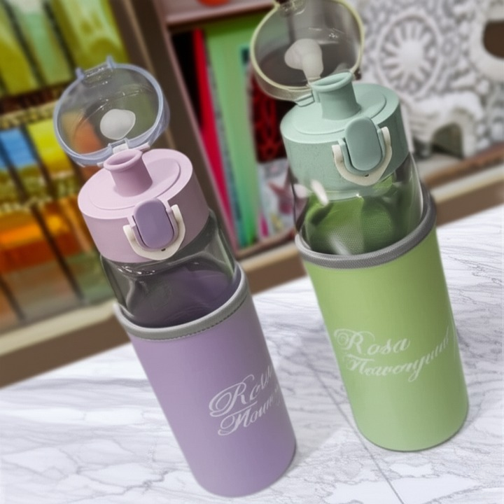 Rosa Flowery Glass Water Bottle – 300ml with Protective Sleeve & Flip-Top Cap | Leak-Proof Reusable Bottle (Green & Lilac)