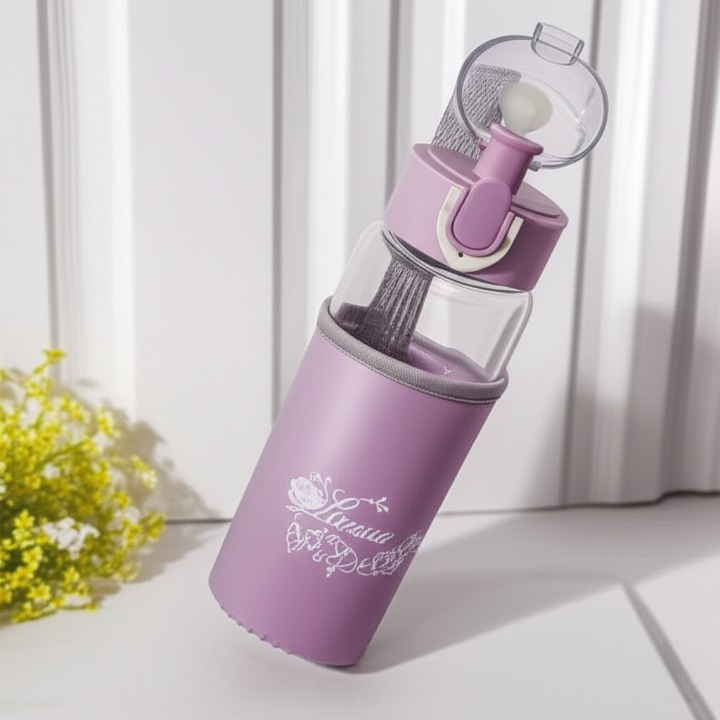 Rosa Flowery Glass Water Bottle – 300ml with Protective Sleeve & Flip-Top Cap | Leak-Proof Reusable Bottle (Green & Lilac)
