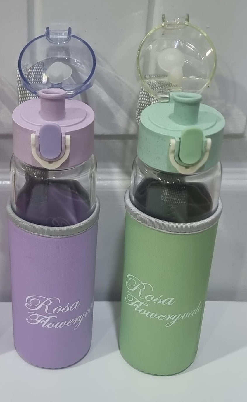 Rosa Flowery Glass Water Bottle – 300ml with Protective Sleeve & Flip-Top Cap | Leak-Proof Reusable Bottle (Green & Lilac)