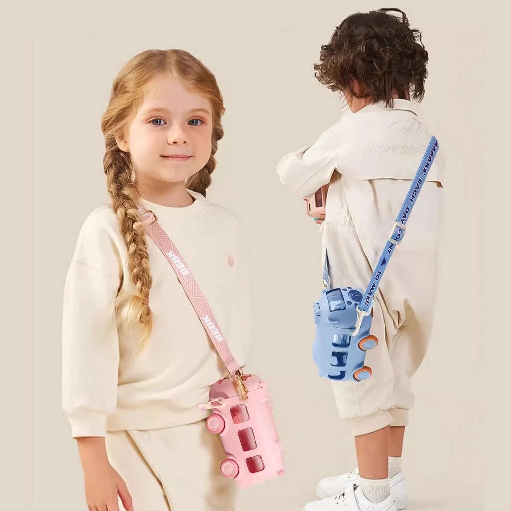 Kids School Bus Design Water Bottle with Strap – 500ml Leak-Proof ABS Plastic – Cute & Durable Drinking Bottle for Children (Random Color)