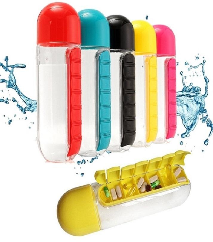 2-in-1 Medicine Organizer with Water Bottle – 7-Day Pill Box & 600ml BPA-Free Bottle for Kids, Adults & Elderly (Random Color)