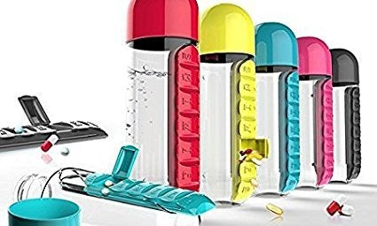 2-in-1 Medicine Organizer with Water Bottle – 7-Day Pill Box & 600ml BPA-Free Bottle for Kids, Adults & Elderly (Random Color)