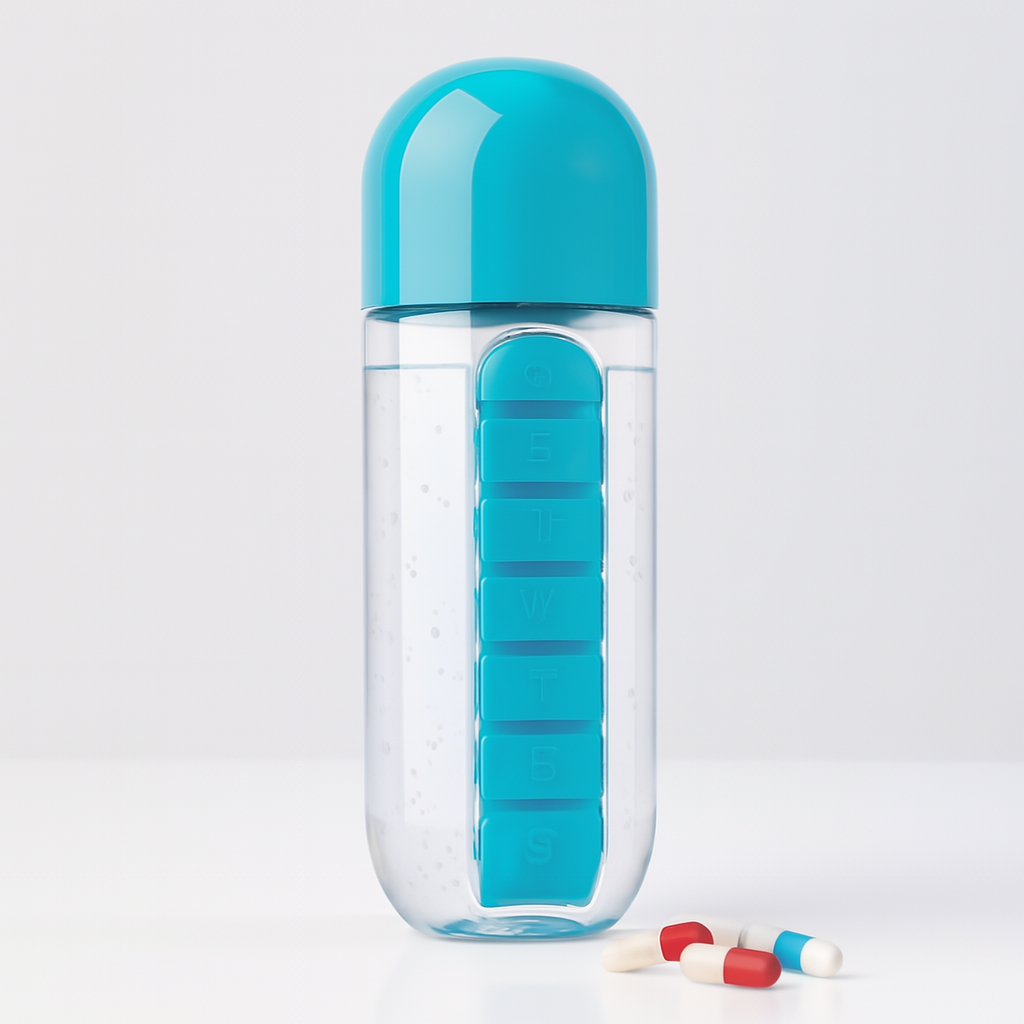 2-in-1 Medicine Organizer with Water Bottle – 7-Day Pill Box & 600ml BPA-Free Bottle for Kids, Adults & Elderly (Random Color)
