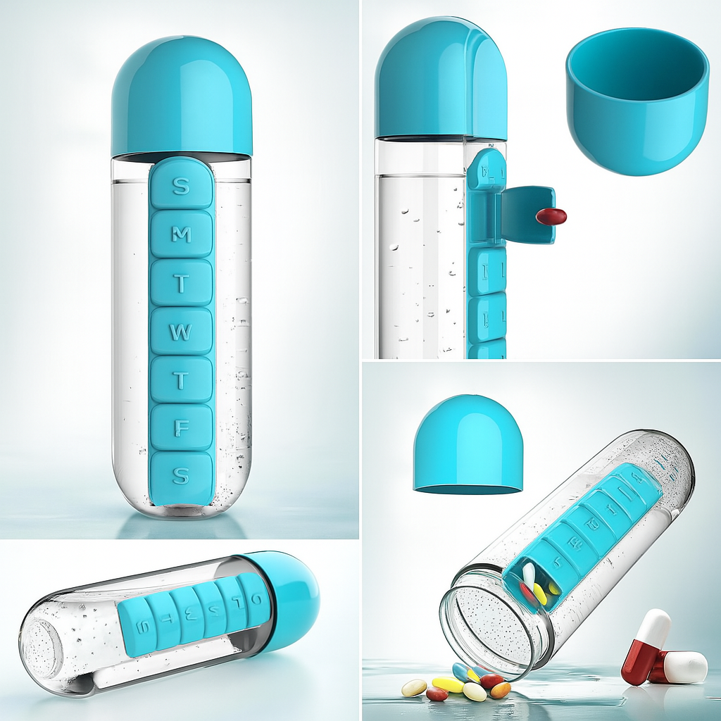 2-in-1 Medicine Organizer with Water Bottle – 7-Day Pill Box & 600ml BPA-Free Bottle for Kids, Adults & Elderly (Random Color)