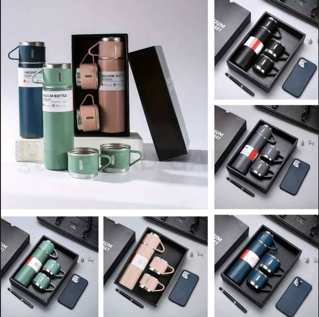 500ml Stainless Steel Vacuum Flask Set with 2 Cups – Leak-Proof Hot & Cold Thermal Bottle | 3-Piece Travel Thermos Set (Black)