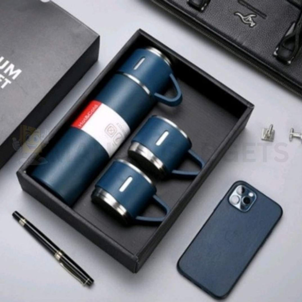 500ml Stainless Steel Vacuum Flask Set with 2 Cups – Leak-Proof Hot & Cold Thermal Bottle | 3-Piece Travel Thermos Set (Black)