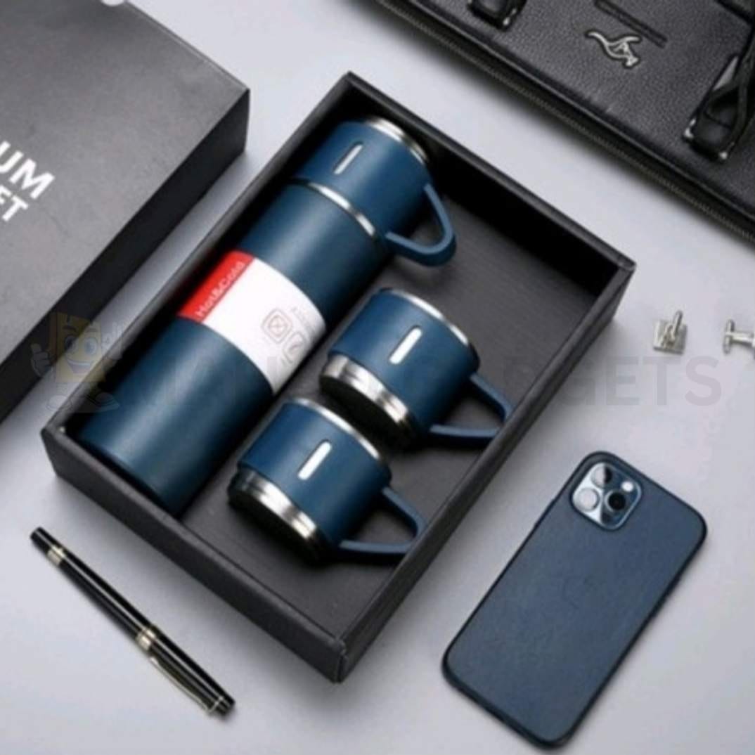 500ml Stainless Steel Vacuum Flask Set with 2 Cups – Leak-Proof Hot & Cold Thermal Bottle | 3-Piece Travel Thermos Set (Black)